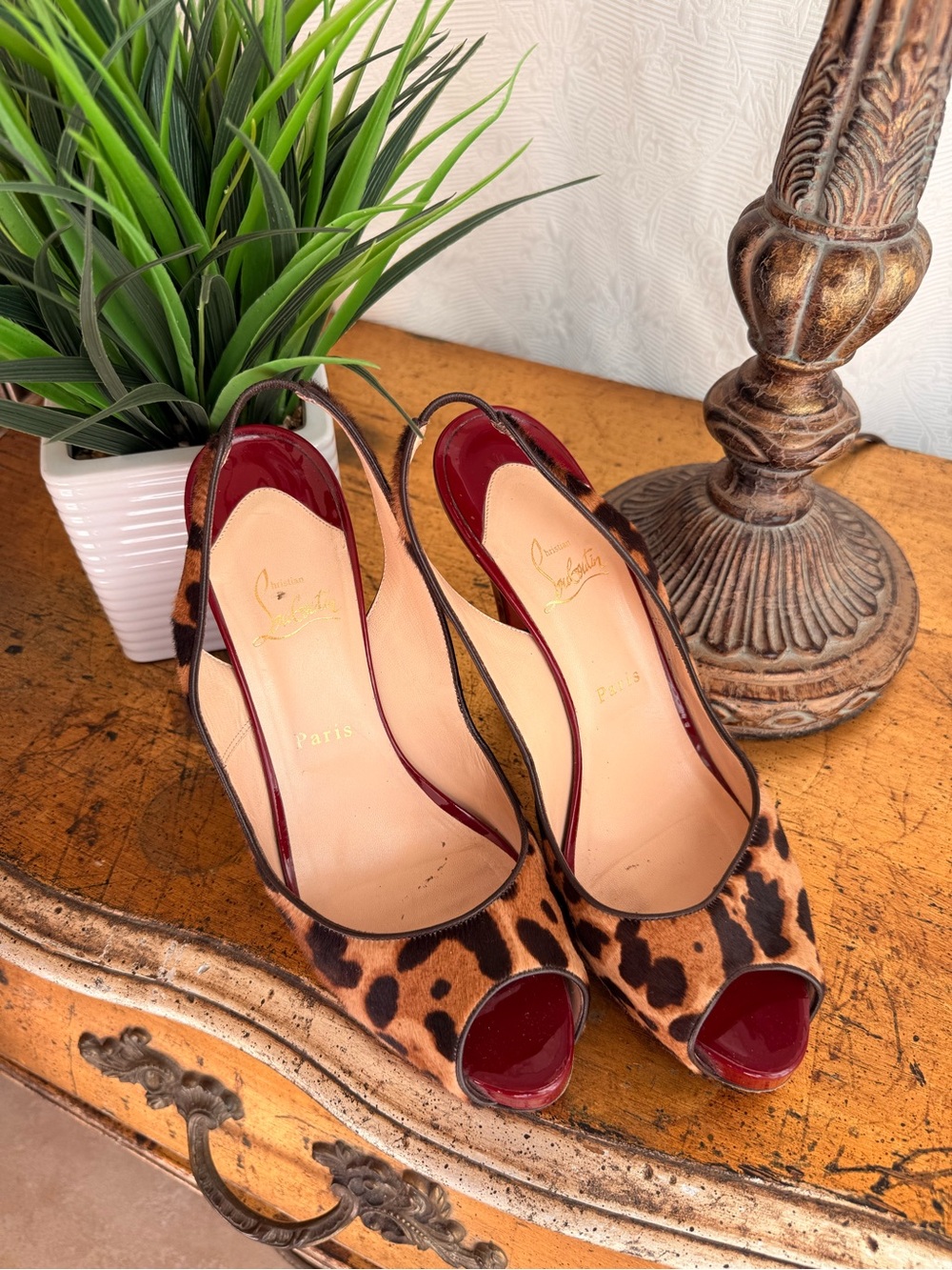 Christian Louboutin Leopard Peep-Toe Slingbacks with Red Patent Accents